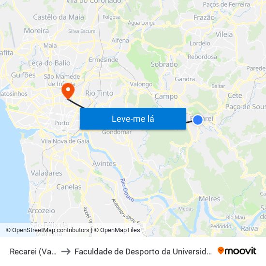 Recarei (Valteve) to Faculdade de Desporto da Universidade do Porto map