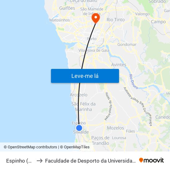 Espinho (Feira) to Faculdade de Desporto da Universidade do Porto map