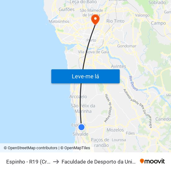 Espinho - R19 (Cruz. Avd. 32) to Faculdade de Desporto da Universidade do Porto map