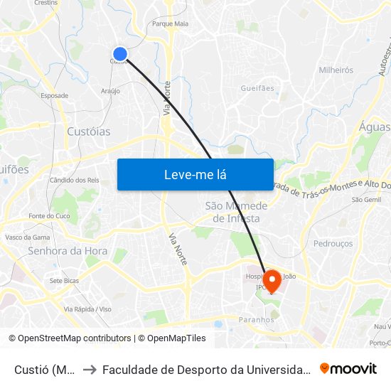 Custió (Metro) to Faculdade de Desporto da Universidade do Porto map