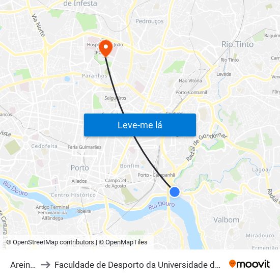 Areinho to Faculdade de Desporto da Universidade do Porto map