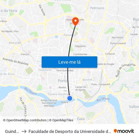 Guindais to Faculdade de Desporto da Universidade do Porto map