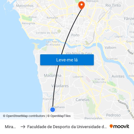 Miramar to Faculdade de Desporto da Universidade do Porto map