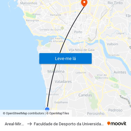 Areal-Miramar to Faculdade de Desporto da Universidade do Porto map