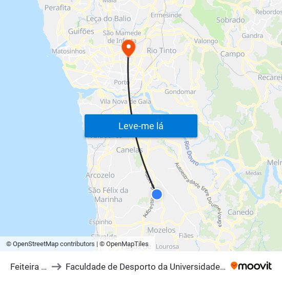 Feiteira Z. I. to Faculdade de Desporto da Universidade do Porto map