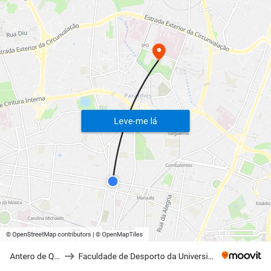 Antero de Quental to Faculdade de Desporto da Universidade do Porto map