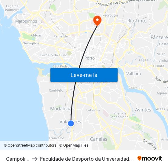 Campolinho to Faculdade de Desporto da Universidade do Porto map