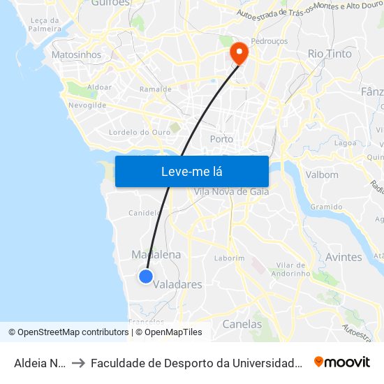 Aldeia Nova to Faculdade de Desporto da Universidade do Porto map