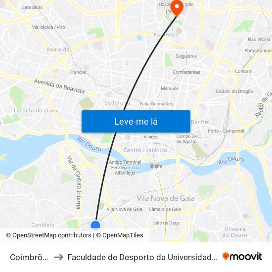 Coimbrões 1 to Faculdade de Desporto da Universidade do Porto map