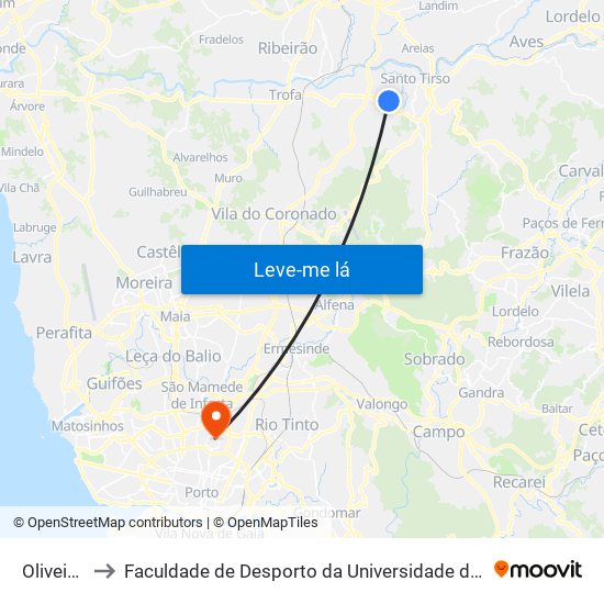 Oliveiras to Faculdade de Desporto da Universidade do Porto map