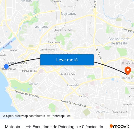 Matosinhos (Praia) to Faculdade de Psicologia e Ciências da Educação da Universidade do Porto map