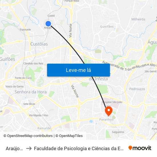 Araújo (Metro) to Faculdade de Psicologia e Ciências da Educação da Universidade do Porto map