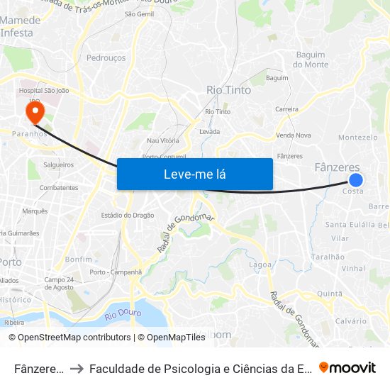 Fânzeres (Igreja) to Faculdade de Psicologia e Ciências da Educação da Universidade do Porto map