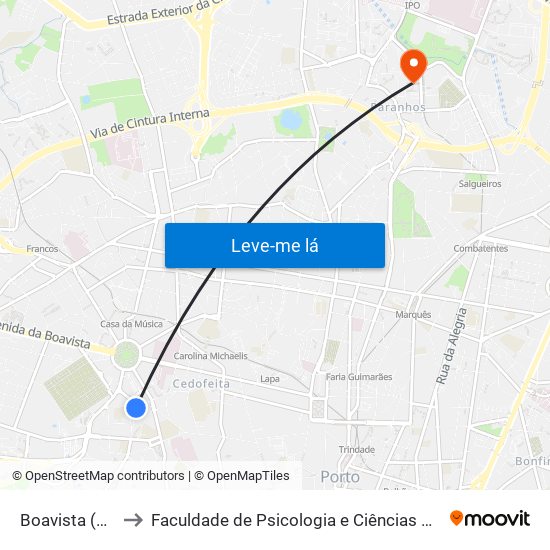 Boavista (Bom Sucesso) to Faculdade de Psicologia e Ciências da Educação da Universidade do Porto map