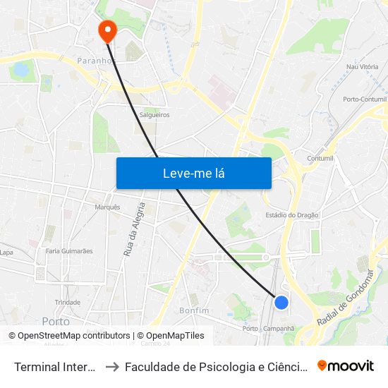 Terminal Intermodal de Campanhã to Faculdade de Psicologia e Ciências da Educação da Universidade do Porto map