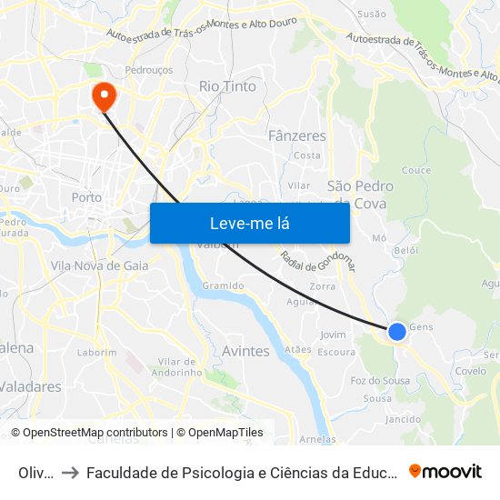 Oliveiras to Faculdade de Psicologia e Ciências da Educação da Universidade do Porto map