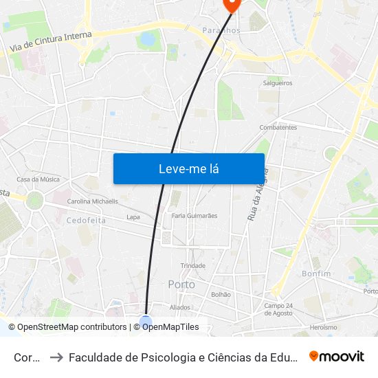 Cordoaria to Faculdade de Psicologia e Ciências da Educação da Universidade do Porto map