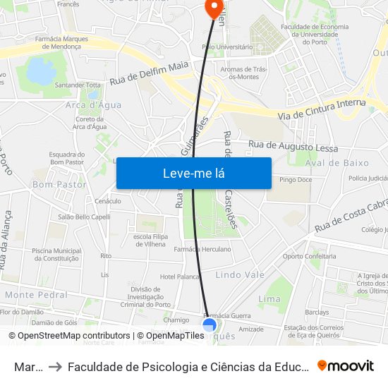 Marquês to Faculdade de Psicologia e Ciências da Educação da Universidade do Porto map