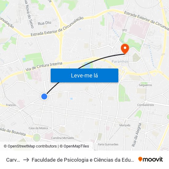 Carvalhido to Faculdade de Psicologia e Ciências da Educação da Universidade do Porto map