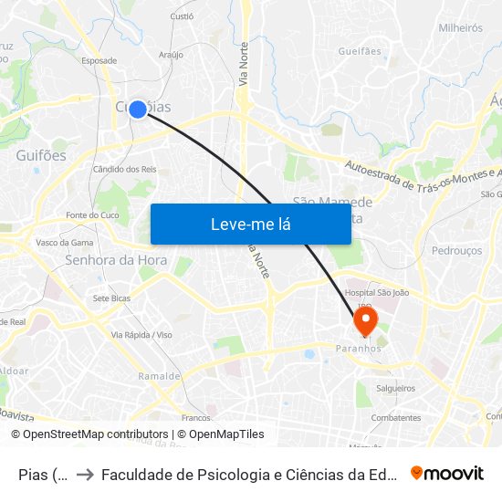 Pias (Metro) to Faculdade de Psicologia e Ciências da Educação da Universidade do Porto map