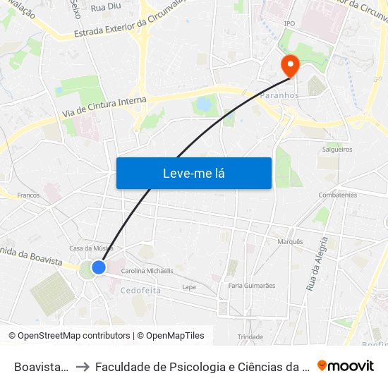 Boavista (Correios) to Faculdade de Psicologia e Ciências da Educação da Universidade do Porto map