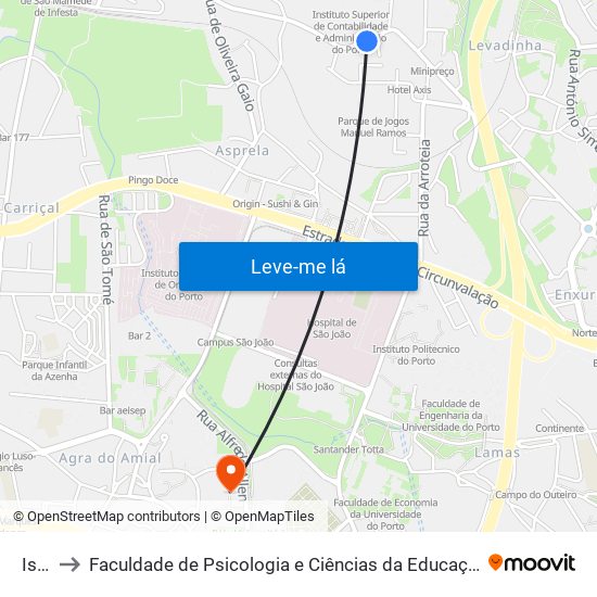 Iscap to Faculdade de Psicologia e Ciências da Educação da Universidade do Porto map