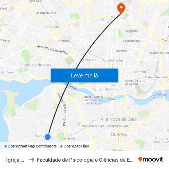 Igreja Canidelo to Faculdade de Psicologia e Ciências da Educação da Universidade do Porto map