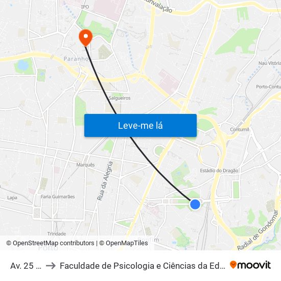 Av. 25 de Abril to Faculdade de Psicologia e Ciências da Educação da Universidade do Porto map