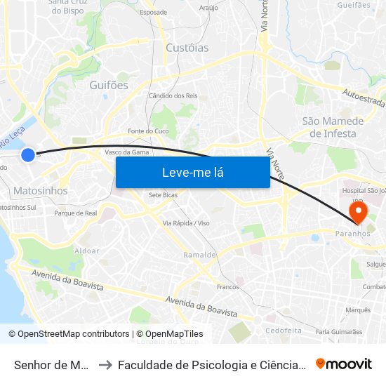 Senhor de Matosinhos (Metro) to Faculdade de Psicologia e Ciências da Educação da Universidade do Porto map