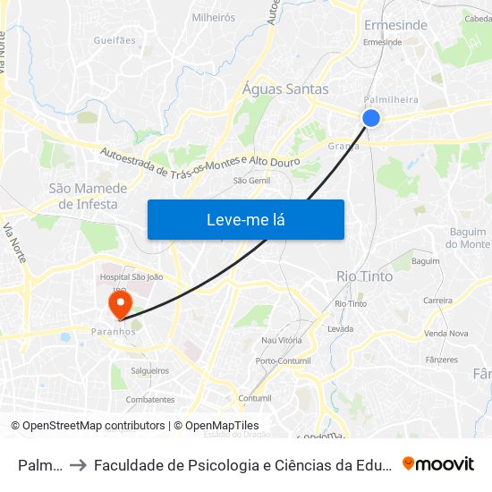 Palmilheira to Faculdade de Psicologia e Ciências da Educação da Universidade do Porto map