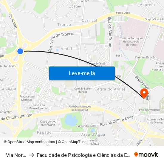 Via Norte (Circ.) to Faculdade de Psicologia e Ciências da Educação da Universidade do Porto map