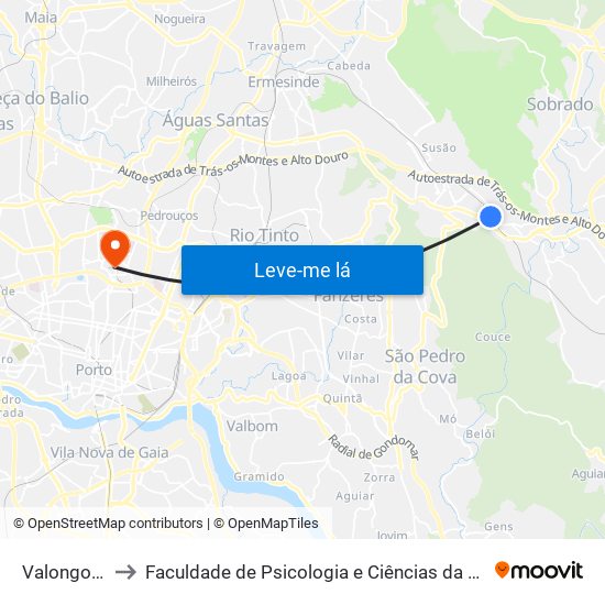 Valongo (Estação) to Faculdade de Psicologia e Ciências da Educação da Universidade do Porto map