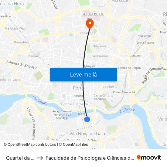 Quartel da Serra do Pilar to Faculdade de Psicologia e Ciências da Educação da Universidade do Porto map