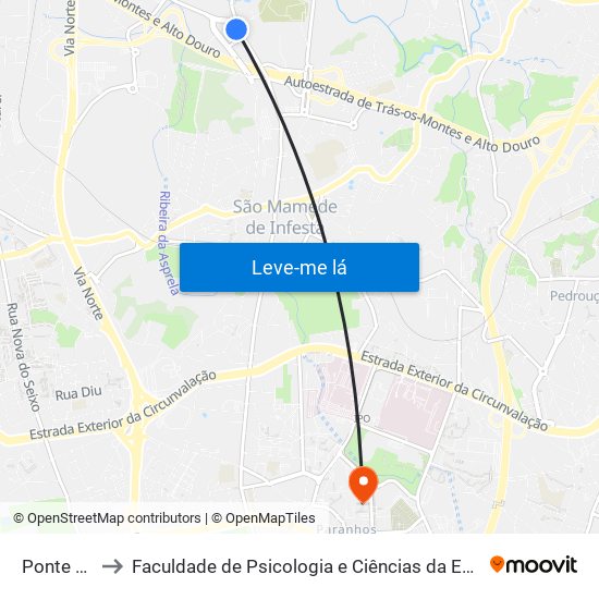 Ponte da Pedra to Faculdade de Psicologia e Ciências da Educação da Universidade do Porto map