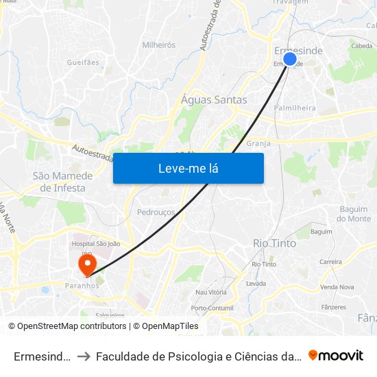 Ermesinde (Estação) to Faculdade de Psicologia e Ciências da Educação da Universidade do Porto map