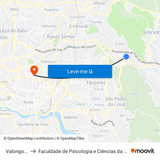 Valongo (Tribunal) to Faculdade de Psicologia e Ciências da Educação da Universidade do Porto map