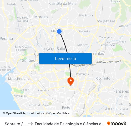 Sobreiro / Maia (Plaza) to Faculdade de Psicologia e Ciências da Educação da Universidade do Porto map