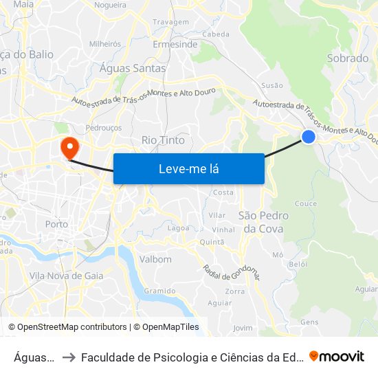 Águas Férreas to Faculdade de Psicologia e Ciências da Educação da Universidade do Porto map