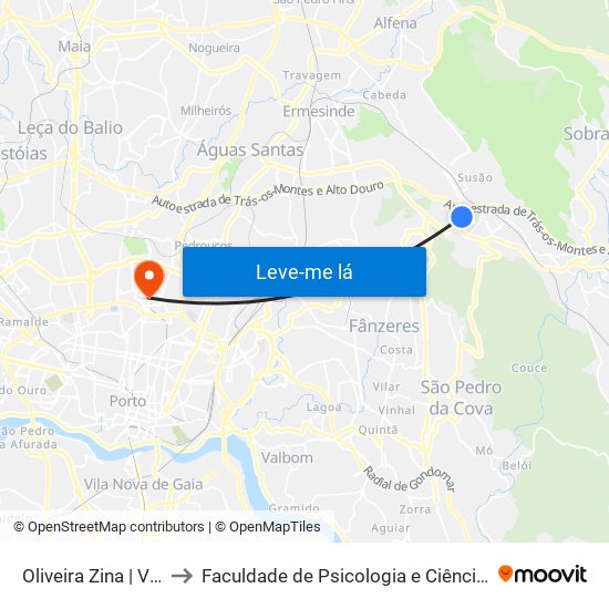 Oliveira Zina | Vale Achas | Vale Chãs to Faculdade de Psicologia e Ciências da Educação da Universidade do Porto map
