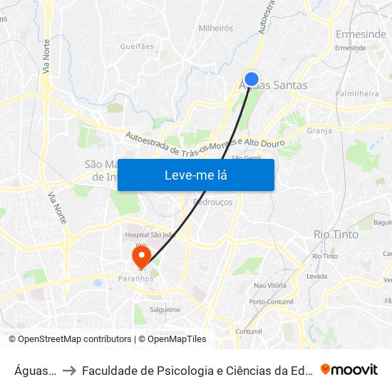 Águas Santas to Faculdade de Psicologia e Ciências da Educação da Universidade do Porto map