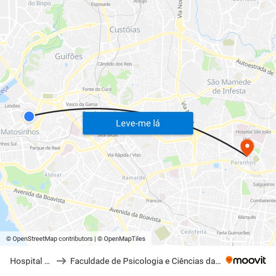 Hospital Matosinhos to Faculdade de Psicologia e Ciências da Educação da Universidade do Porto map
