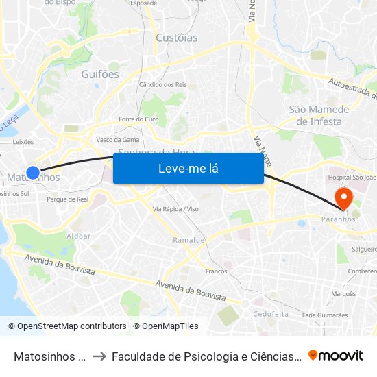 Matosinhos Câmara (Matc1) to Faculdade de Psicologia e Ciências da Educação da Universidade do Porto map