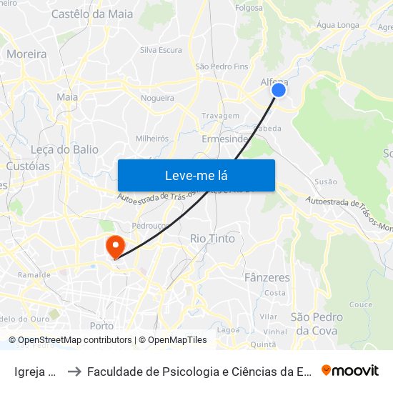 Igreja de Alfena to Faculdade de Psicologia e Ciências da Educação da Universidade do Porto map