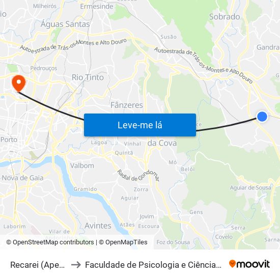 Recarei (Apeadeiro Terronhas) to Faculdade de Psicologia e Ciências da Educação da Universidade do Porto map