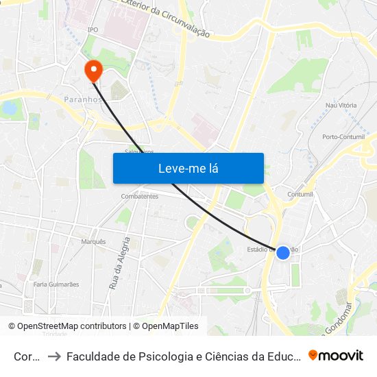 Corujeira to Faculdade de Psicologia e Ciências da Educação da Universidade do Porto map