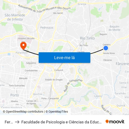 Ferraria to Faculdade de Psicologia e Ciências da Educação da Universidade do Porto map