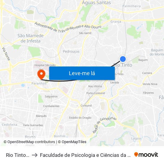 Rio Tinto (Estação) to Faculdade de Psicologia e Ciências da Educação da Universidade do Porto map