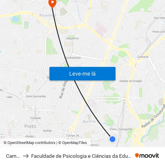 Campanhã to Faculdade de Psicologia e Ciências da Educação da Universidade do Porto map