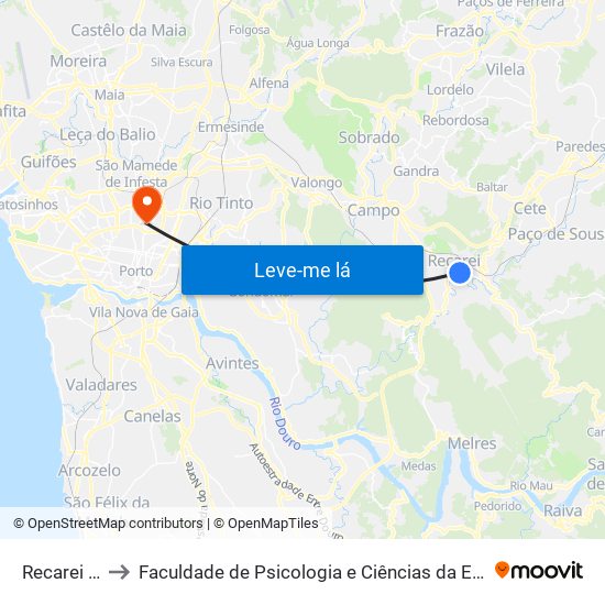 Recarei (Portela) to Faculdade de Psicologia e Ciências da Educação da Universidade do Porto map