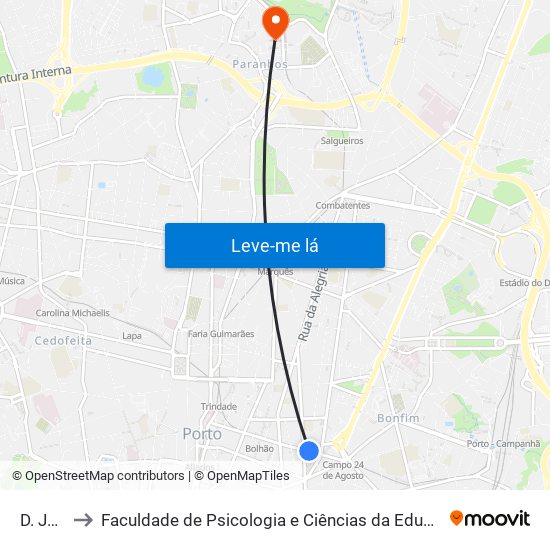 D. João IV to Faculdade de Psicologia e Ciências da Educação da Universidade do Porto map